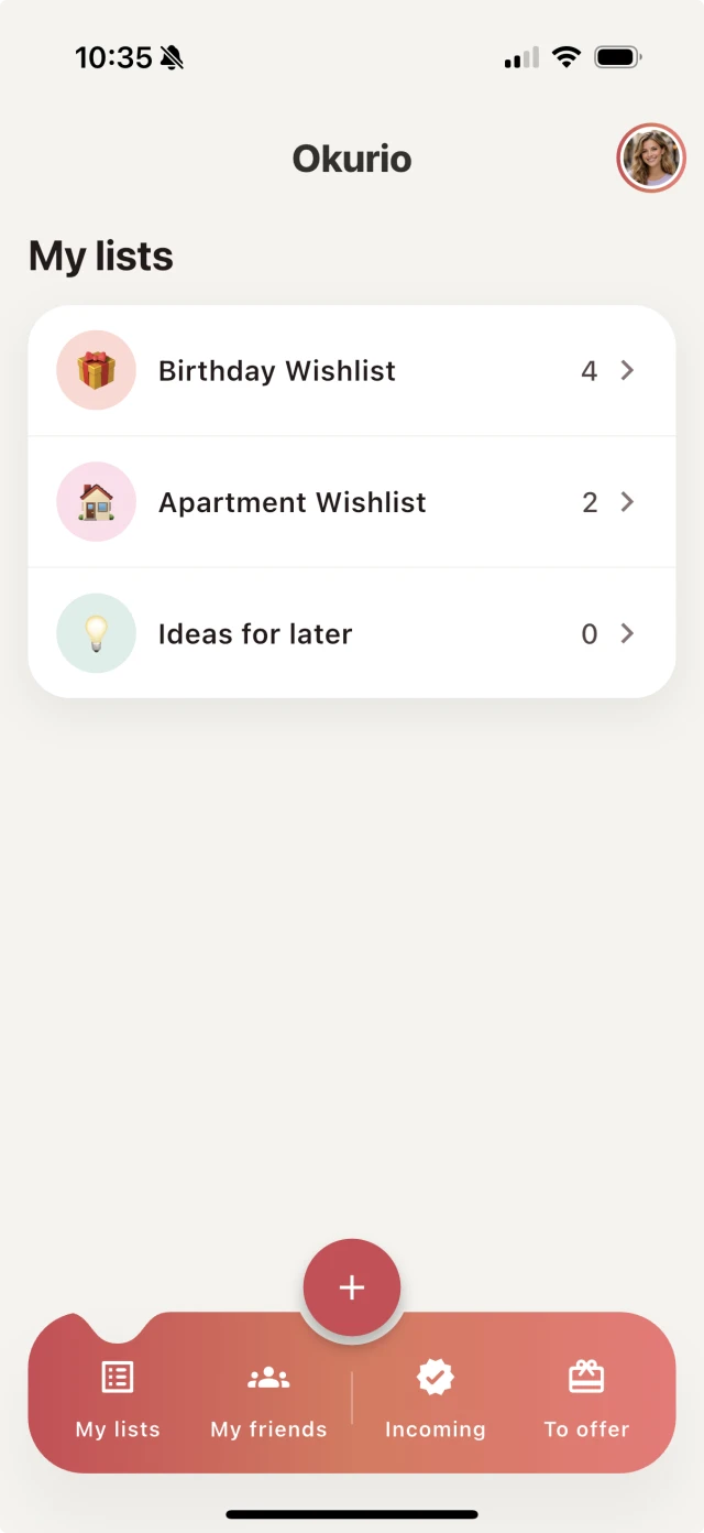 Okurio screenshot for list overview and quick sharing