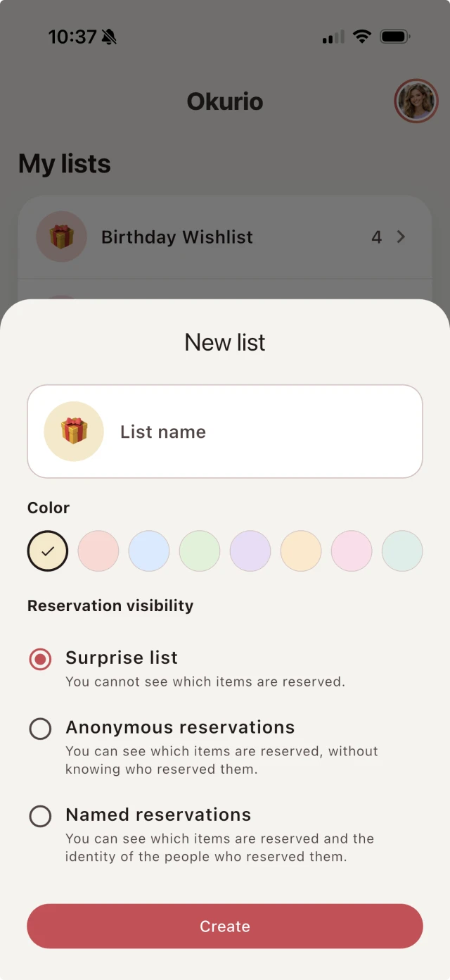 Okurio screenshot for wishlist creation
