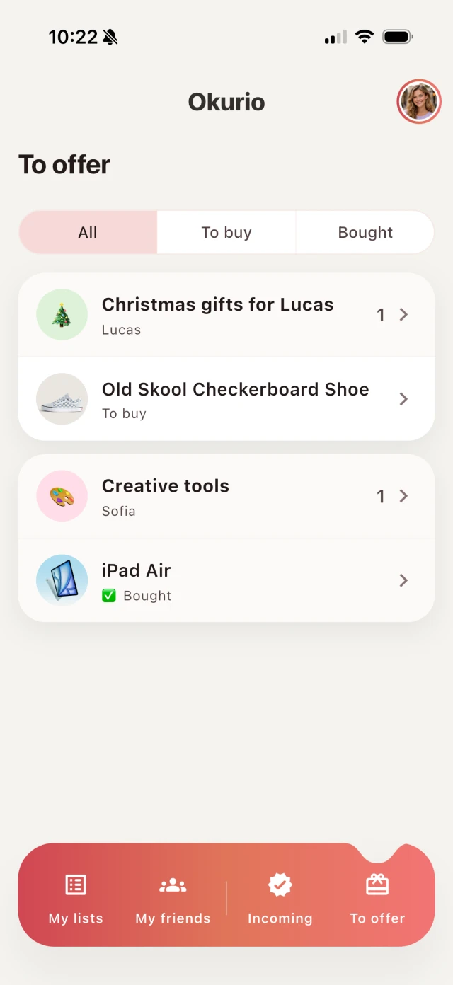 Okurio screenshot for reserved gifts tracking