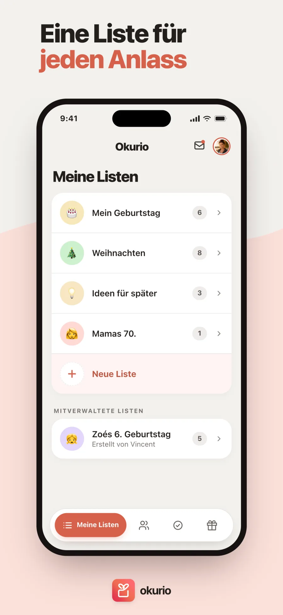 Die Liste zu zweit geführt — der Okurio-Startbildschirm mit den mitverwalteten Listen