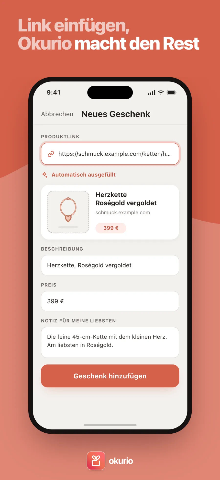 Link einfügen, Okurio macht den Rest — ein Geschenk, automatisch aus dem Produktlink ausgefüllt
