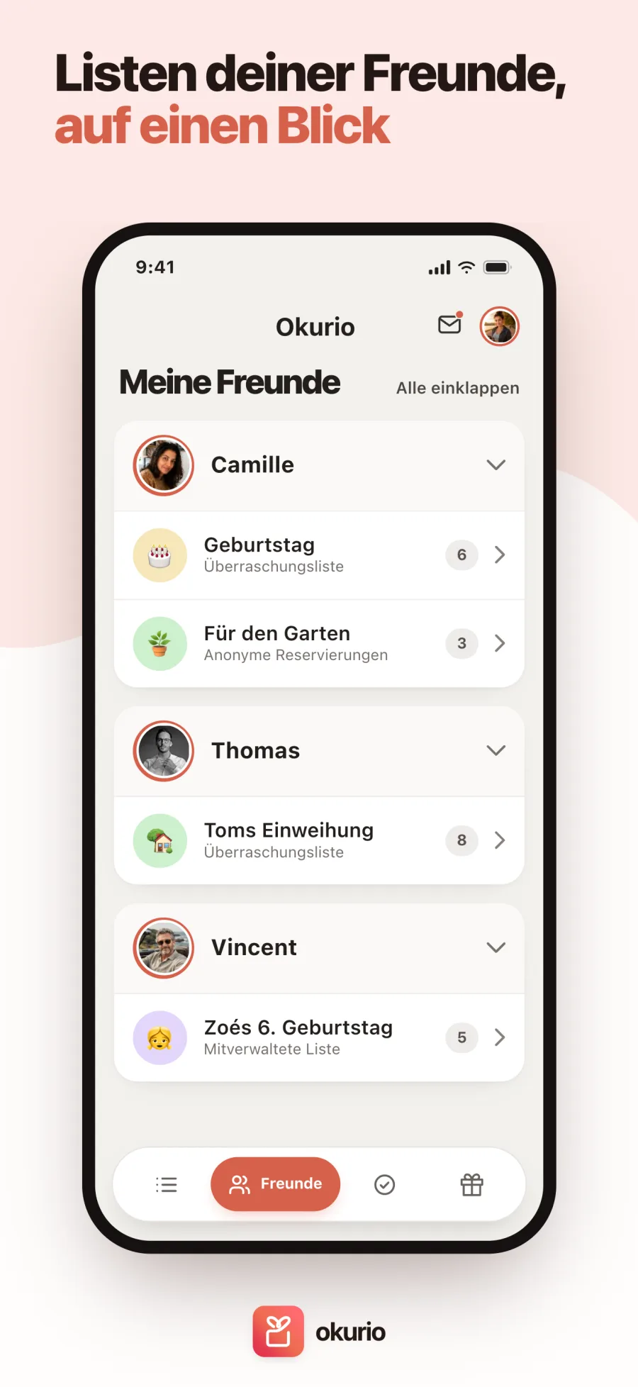 Listen deiner Freunde, auf einen Blick — deine Freunde und ihre Listen, gruppiert