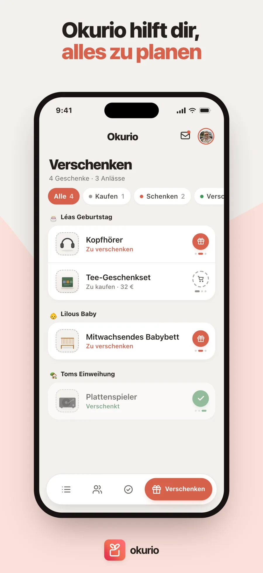 Okurio hilft dir, alles zu planen — die Geschenke, die noch zu bestellen, zu kaufen und zu übergeben sind