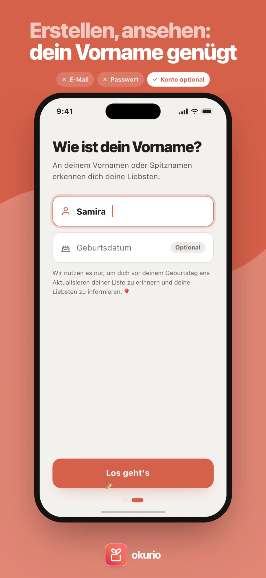 Erstellen, ansehen: dein Vorname genügt — anmelden in der App, ohne E-Mail und ohne Passwort