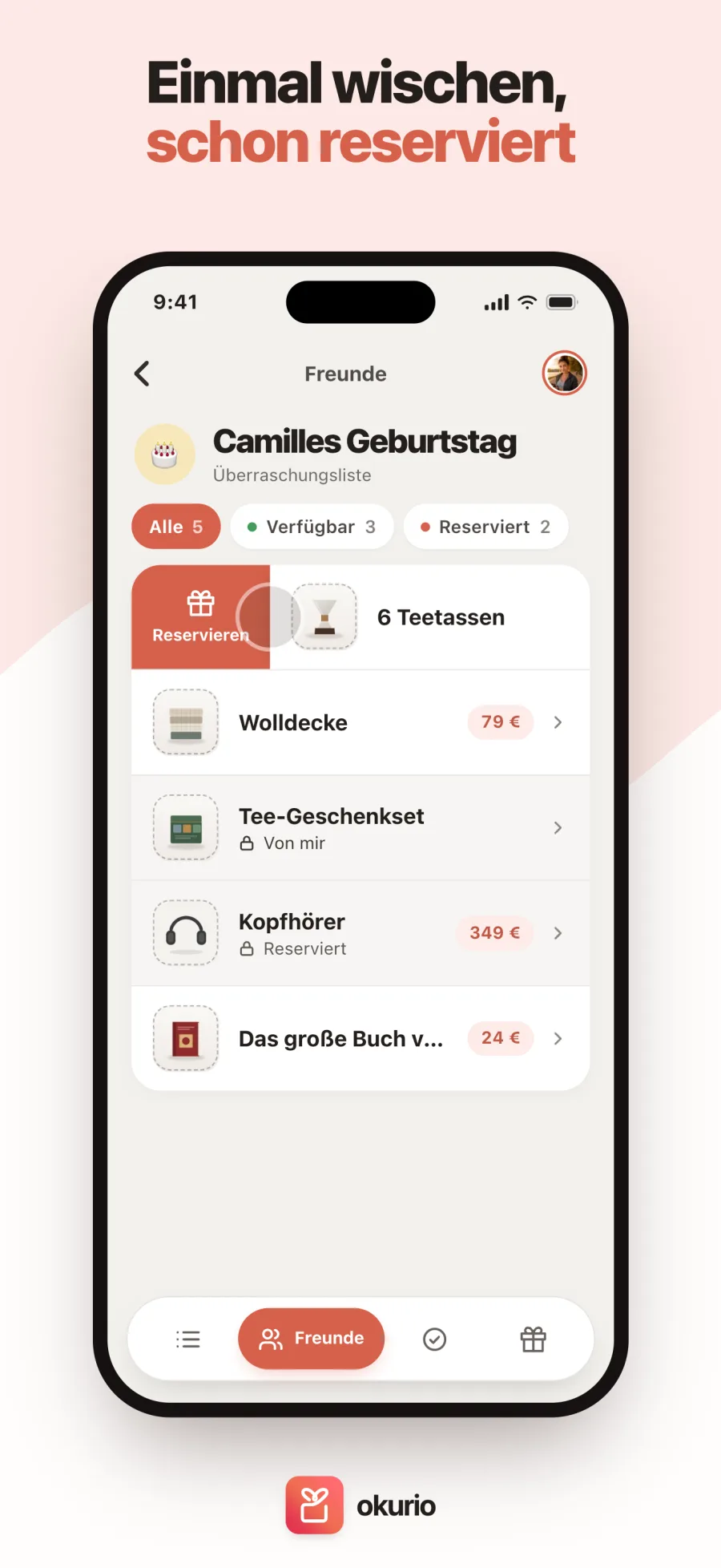 Einmal wischen, schon reserviert — ein Geschenk aus der Liste eines Freundes mit einem Wisch reservieren