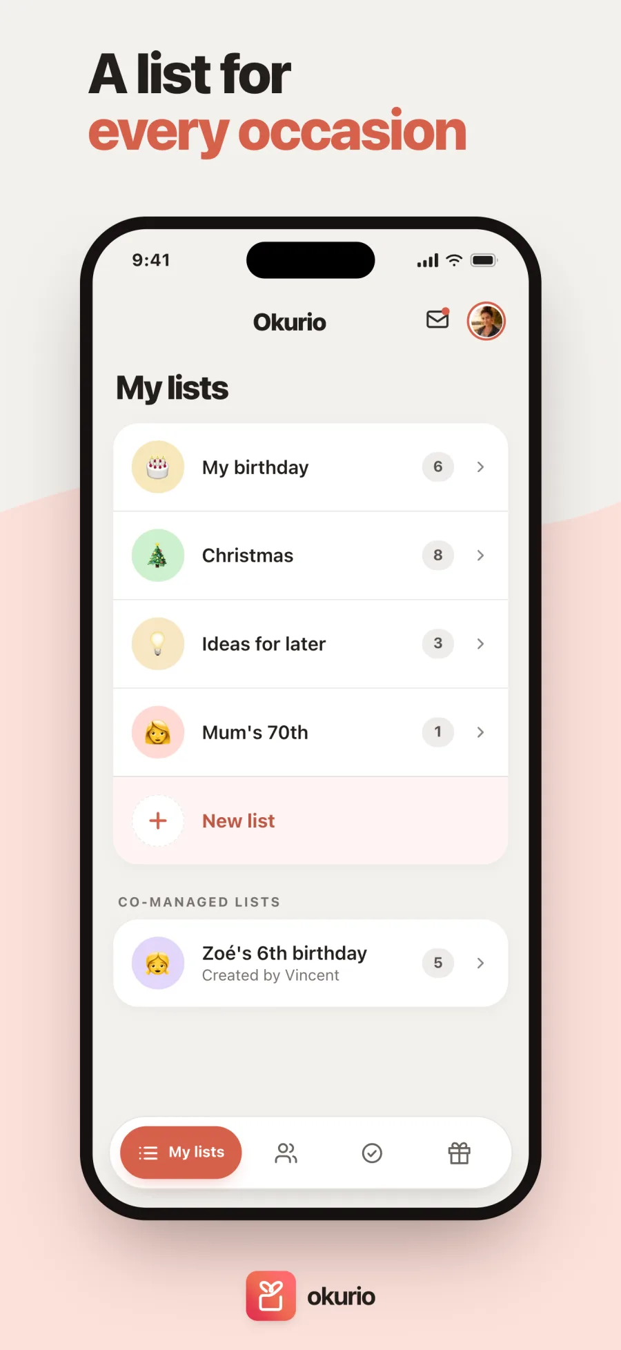A list for every occasion — the Okurio home screen, one list per event