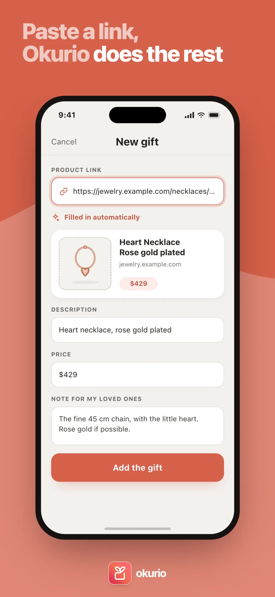 Paste a link, Okurio does the rest — a gift filled in automatically from its product link