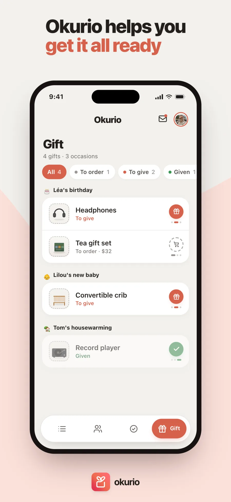 Okurio helps you get it all ready — the gifts left to order, buy and hand over