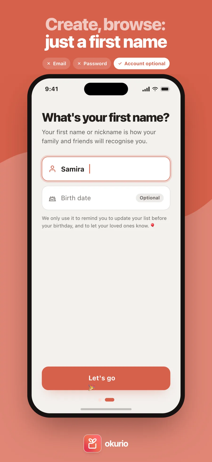 Create, browse: just a first name — signing up without an email or a password