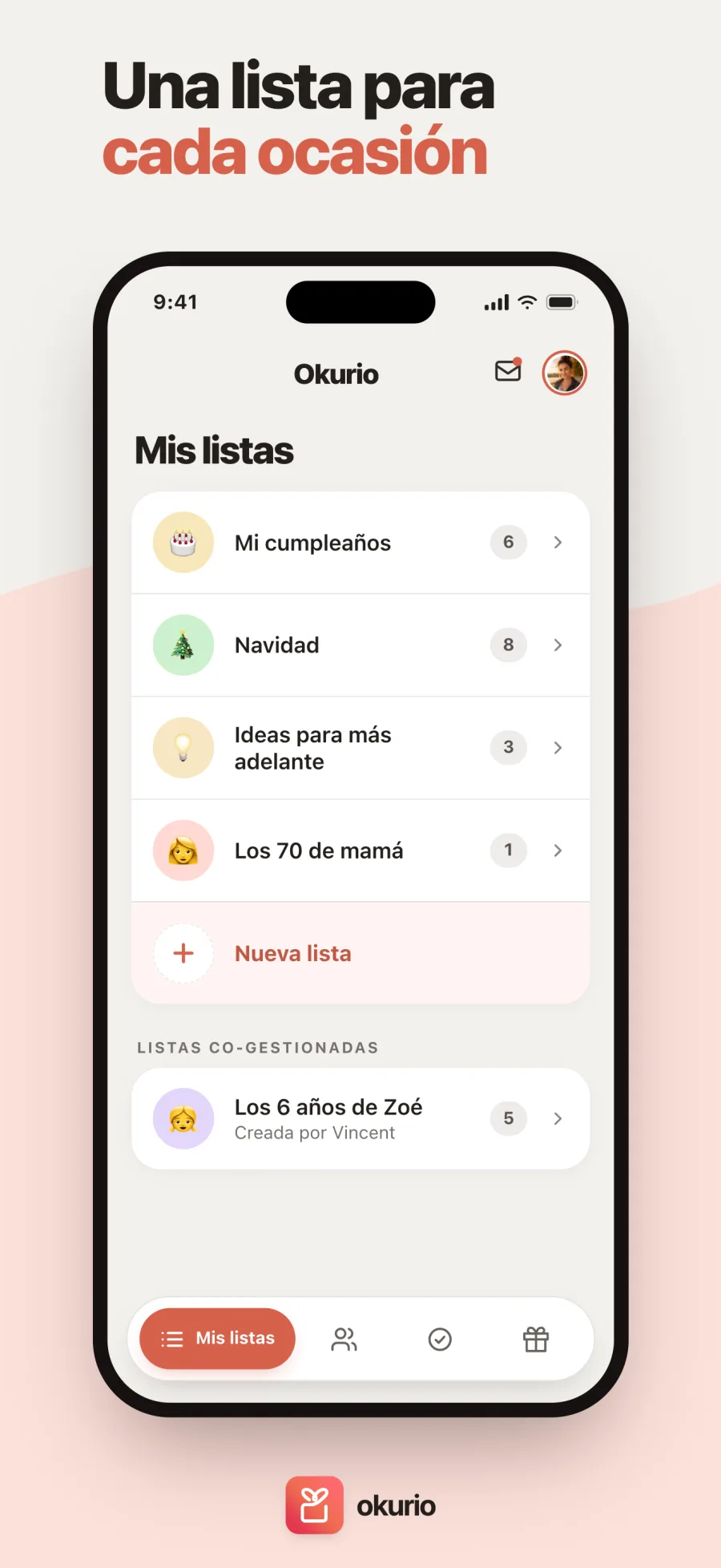 La lista llevada entre dos — la pantalla de inicio de Okurio, con sus listas coadministradas