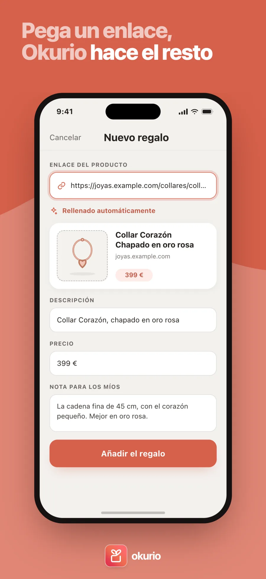 Pega un enlace, Okurio hace el resto — un regalo rellenado automáticamente desde el enlace del producto