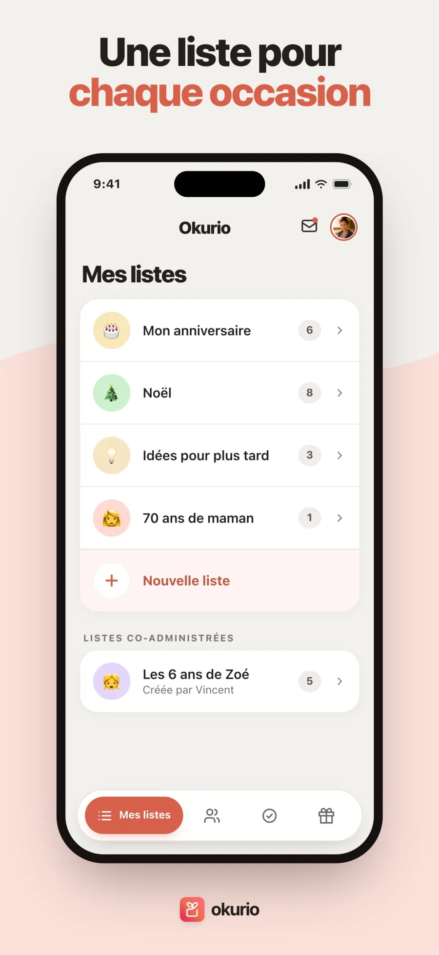 Une liste pour chaque occasion — l’écran d’accueil d’Okurio, une liste par événement