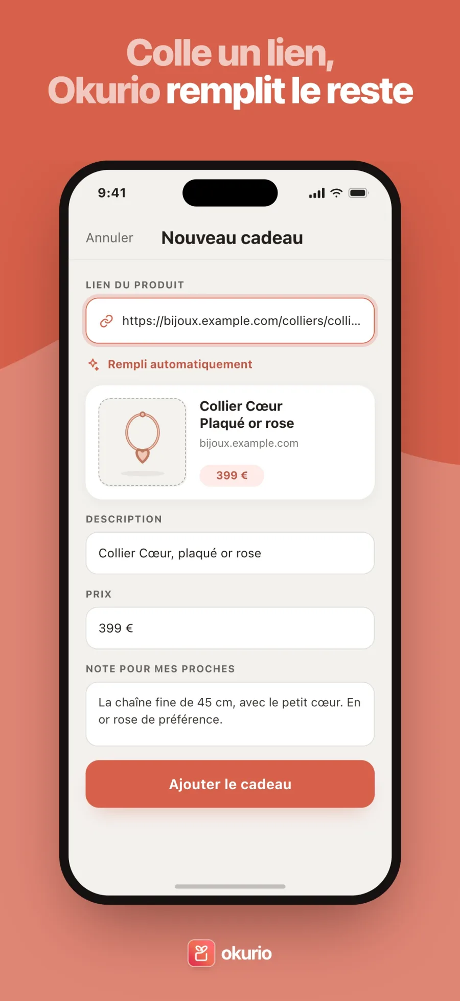 Colle un lien, Okurio remplit le reste — un cadeau rempli automatiquement depuis le lien du produit